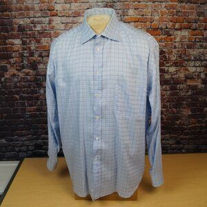 Canali Dress Shirt Long Sleeve Button Down Check Blue Mens 44 17.5 Made in Italy